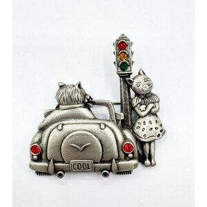 Vintage 80s JJ Jonette Jewelry "Cool Cats" Brooch Featuring Two Cats At the Traf